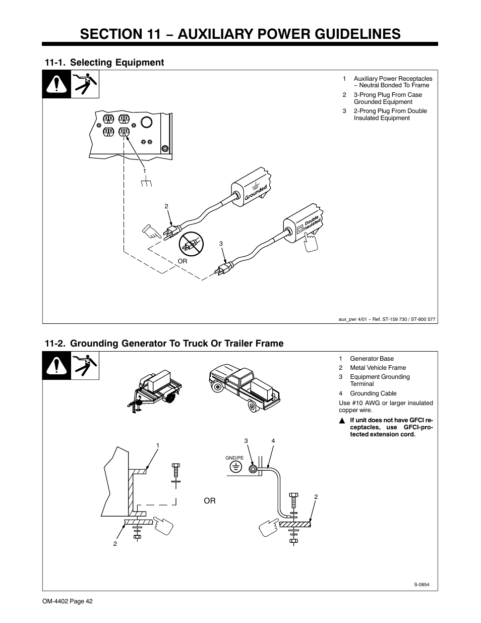 1. selecting equipment, 2. grounding generator to truck or trailer frame | Miller Electric 280 NT User Manual | Page 46 / 64