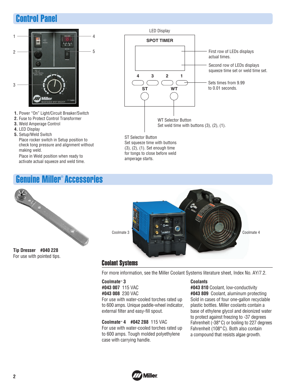 Control panel, Genuine miller, Accessories | Coolant systems | Miller Electric SSW-2020 ATT User Manual | Page 2 / 4