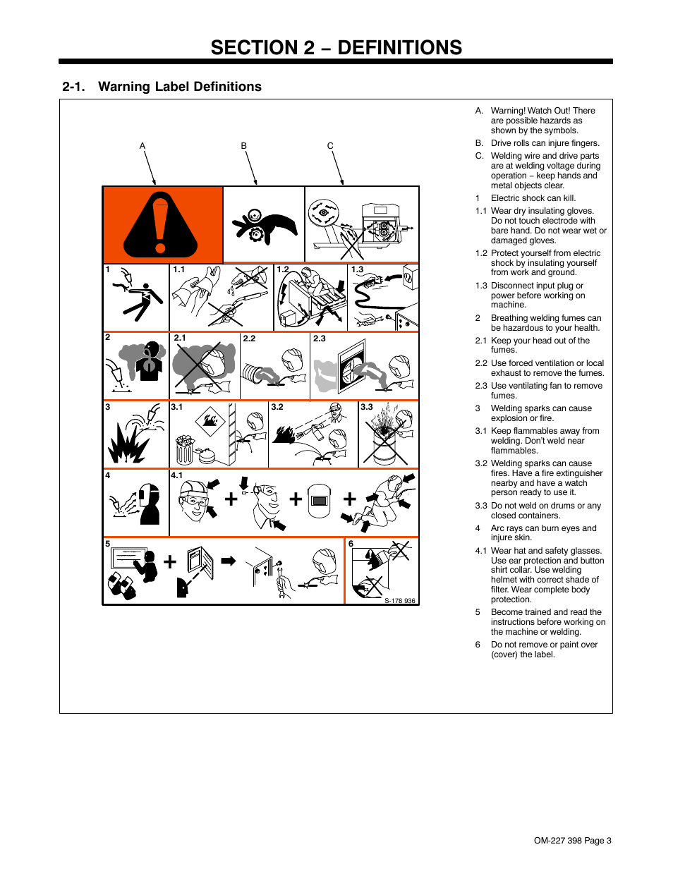 Section 2 − definitions, 1. warning label definitions | Miller Electric OM-227 398D User Manual | Page 7 / 36