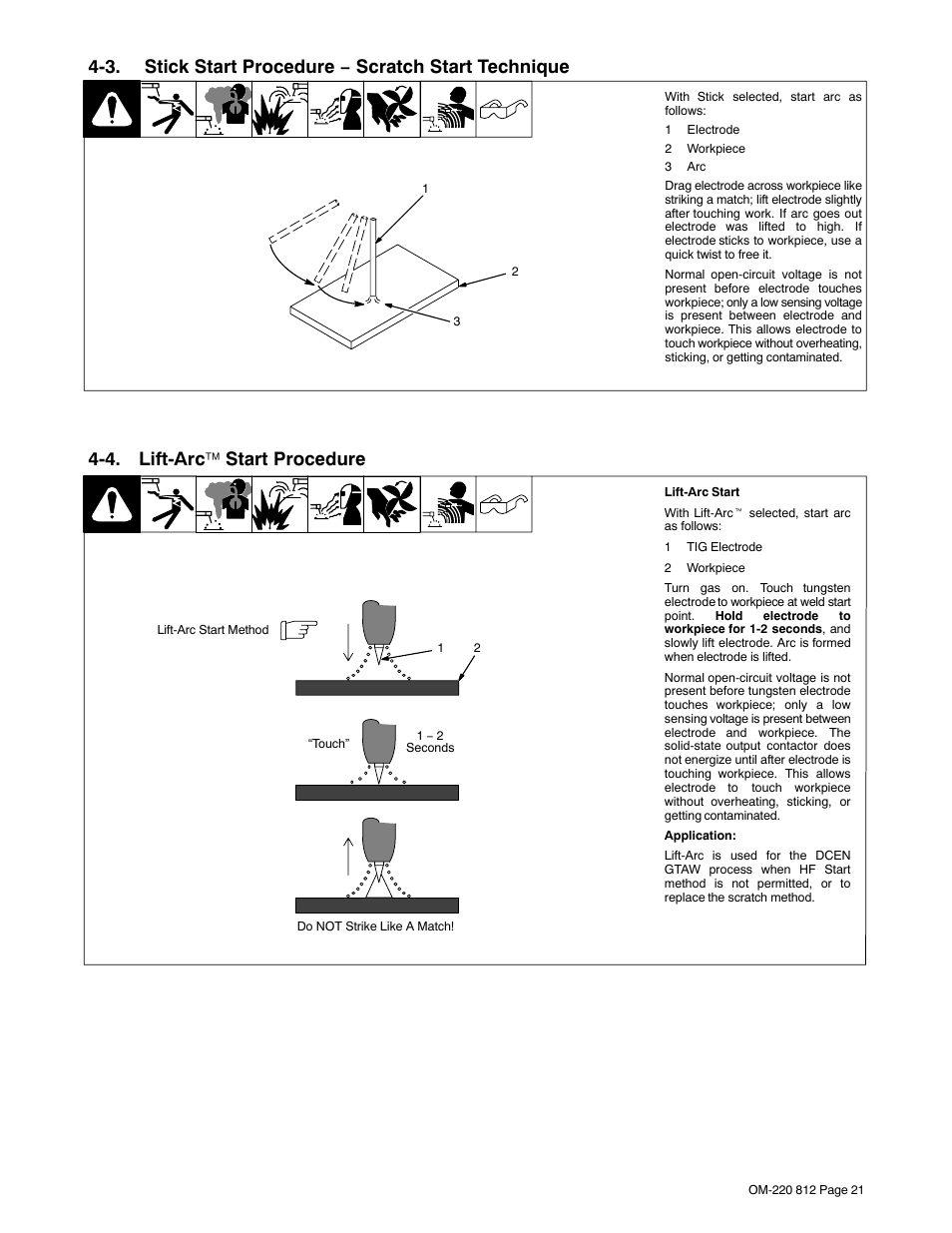 3. stick start procedure − scratch start technique, 4. lift-arce start procedure, 4. lift-arc ™ start procedure | Miller Electric CST 250 VRD User Manual | Page 25 / 44