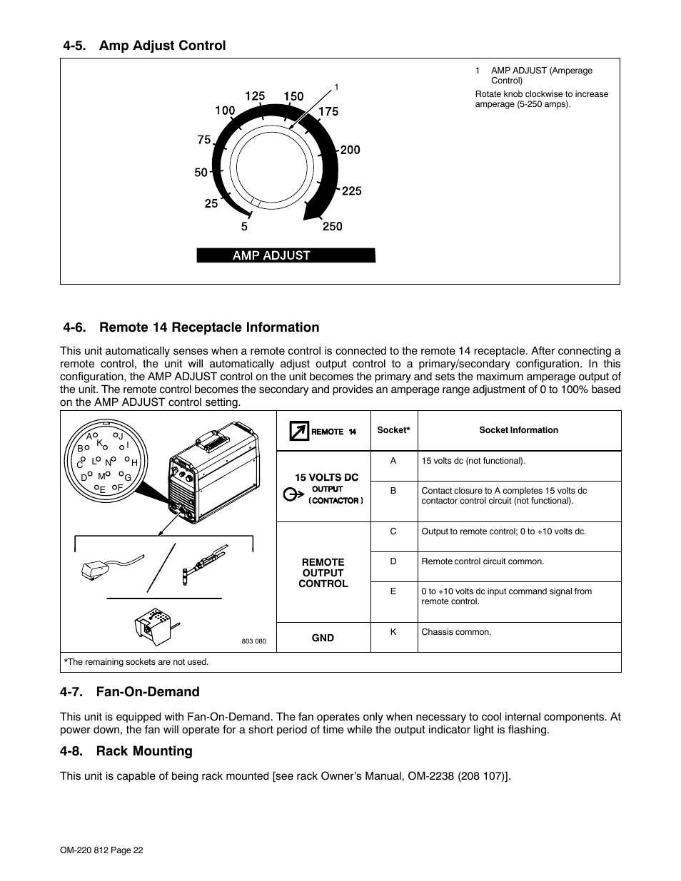 5. amp adjust control, 6. remote 14 receptacle information, 7. fan-on-demand | 8. rack mounting | Miller Electric CST 250 VRD User Manual | Page 26 / 44