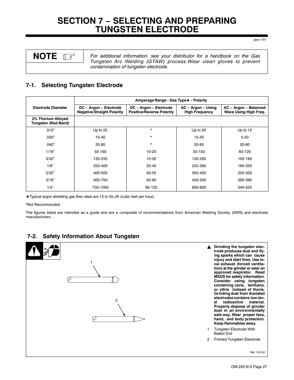 Section 7 − selecting and preparing, Tungsten electrode, 1. selecting tungsten electrode | 2. safety information about tungsten, Use proper size tungsten (see section 7, Use properly prepared tungsten (see section 7) | Miller Electric CST 250 VRD User Manual | Page 31 / 44