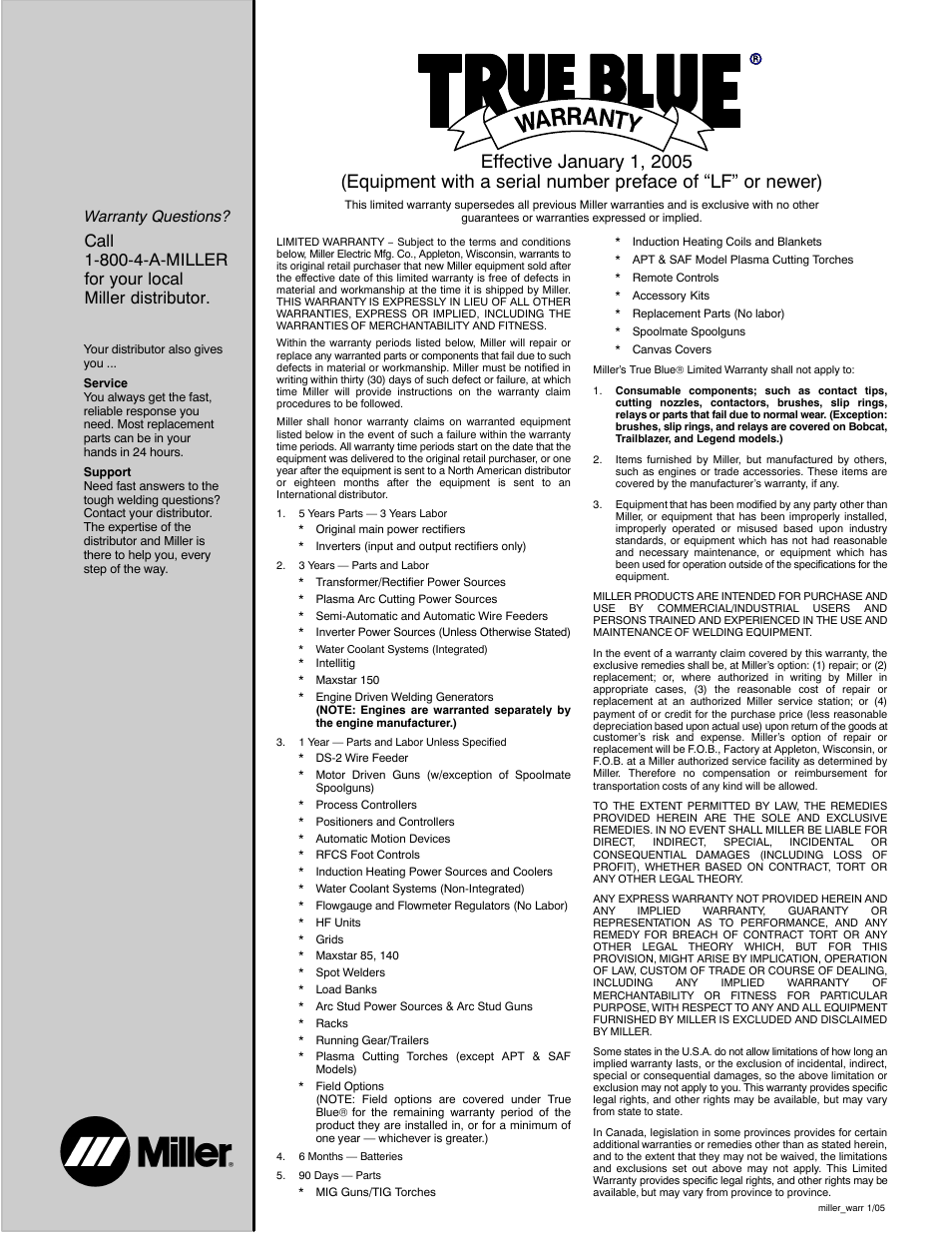Warranty questions | Miller Electric CST 250 VRD User Manual | Page 43 / 44