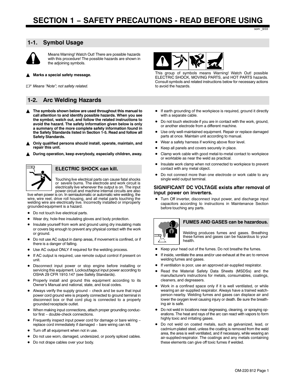 Section 1 − safety precautions - read before using, 1. symbol usage, 2. arc welding hazards | Miller Electric CST 250 VRD User Manual | Page 5 / 44