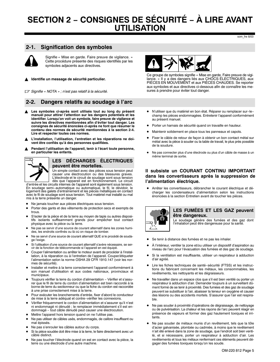 1. signification des symboles, 2. dangers relatifs au soudage à l’arc | Miller Electric CST 250 VRD User Manual | Page 9 / 44