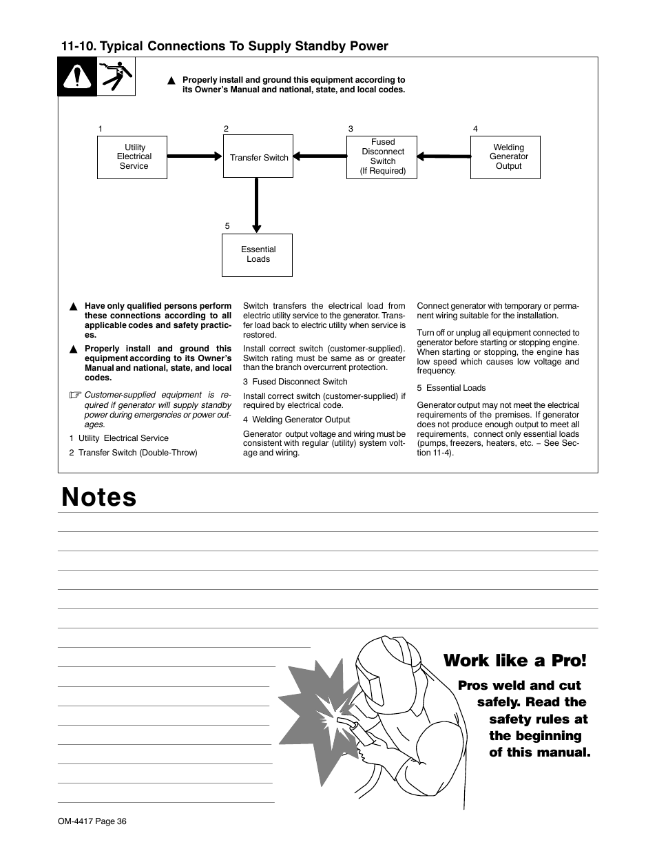 Work like a pro, 10. typical connections to supply standby power | Miller Electric BLUE STAR 145 DX User Manual | Page 40 / 56