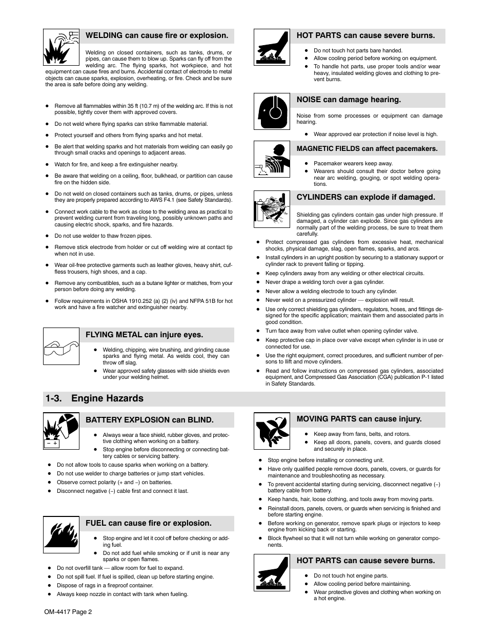 3. engine hazards, Welding can cause fire or explosion, Flying metal can injure eyes | Hot parts can cause severe burns, Noise can damage hearing, Cylinders can explode if damaged, Battery explosion can blind, Fuel can cause fire or explosion, Moving parts can cause injury | Miller Electric BLUE STAR 145 DX User Manual | Page 6 / 56