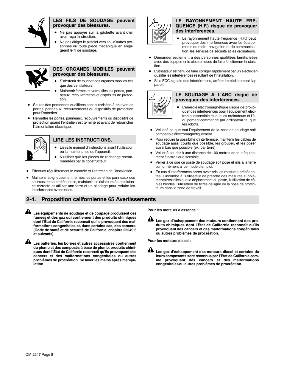 4. proposition californienne 65 avertissements | Miller Electric XMT 350 CC/CV User Manual | Page 12 / 40