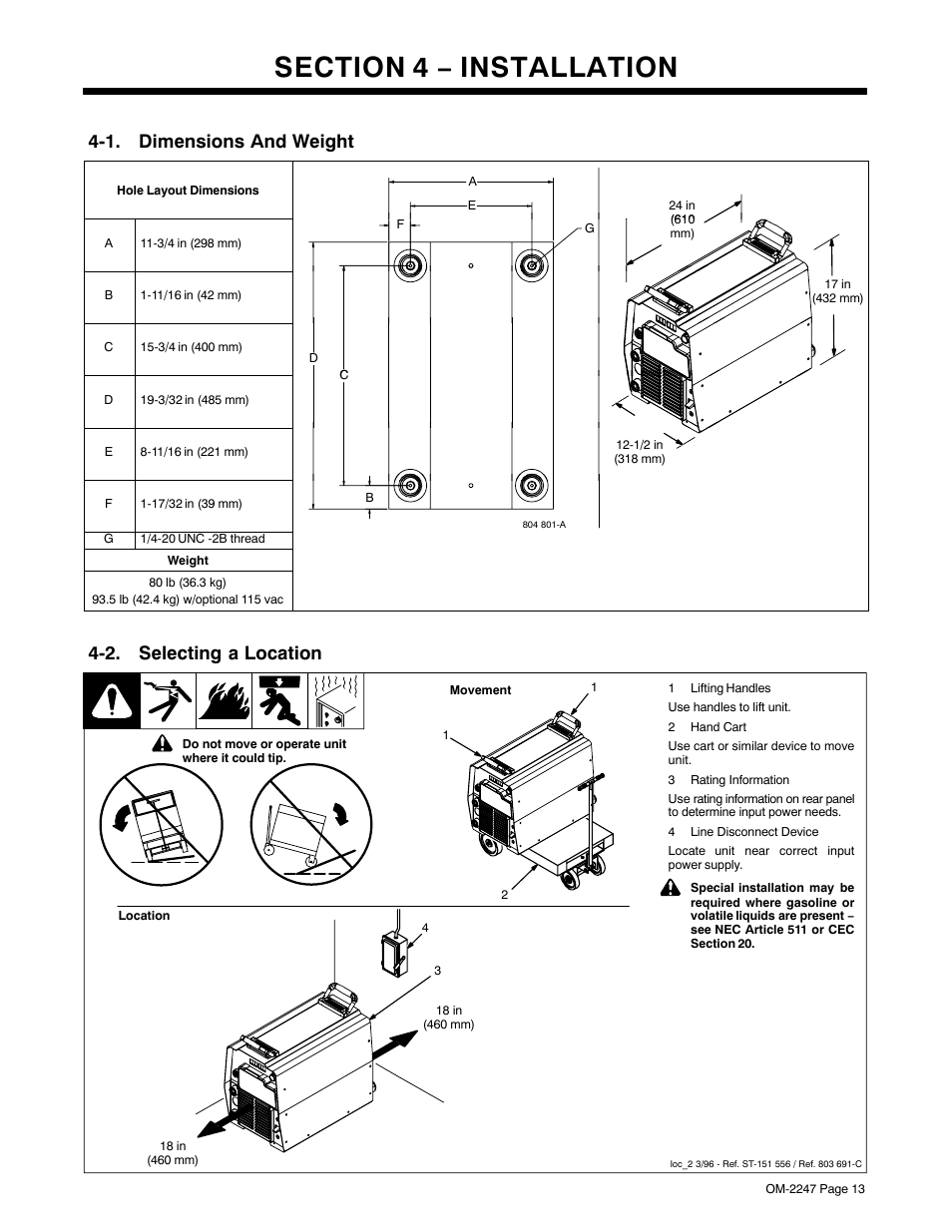 Section 4 − installation, 1. dimensions and weight, 2. selecting a location | Miller Electric XMT 350 CC/CV User Manual | Page 17 / 40