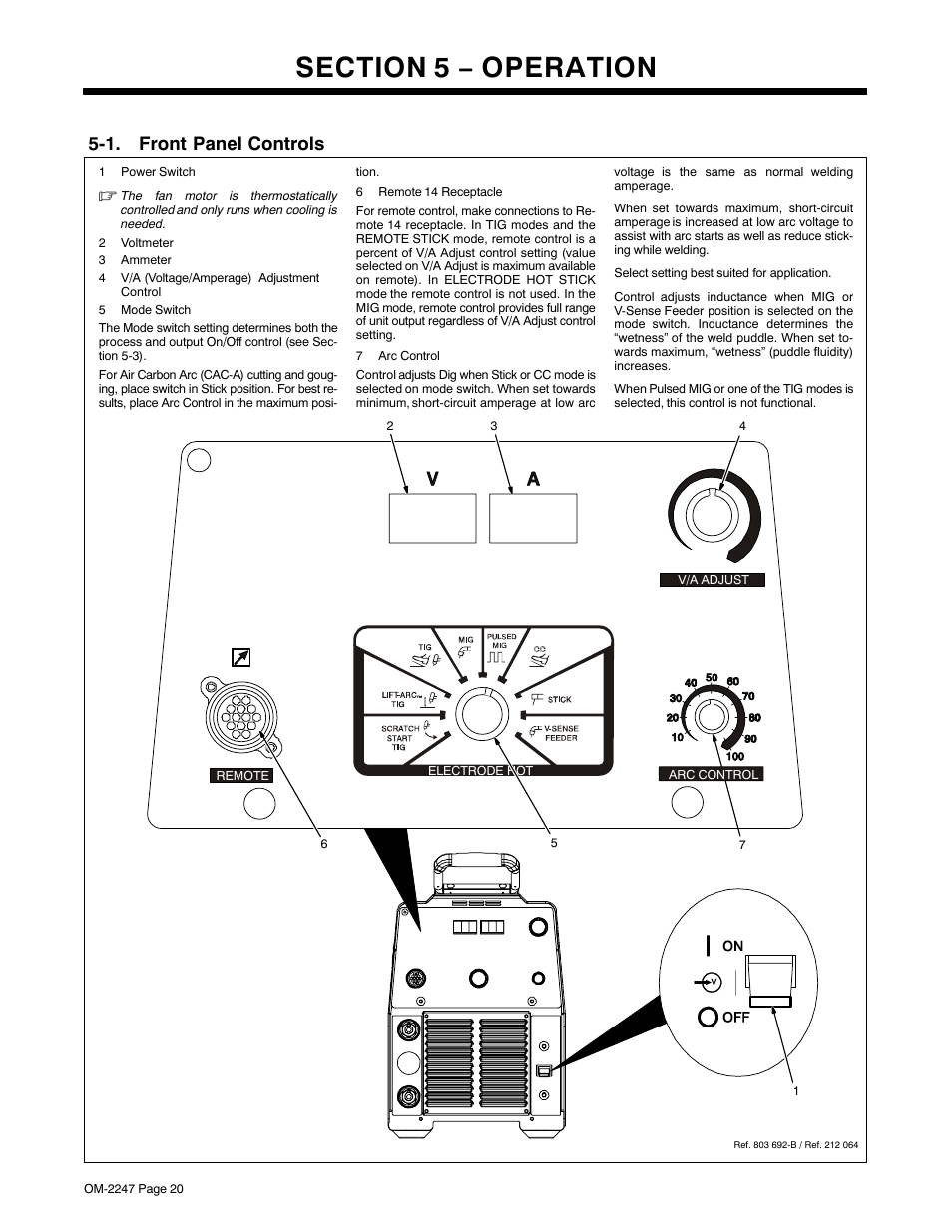 Section 5 − operation, 1. front panel controls | Miller Electric XMT 350 CC/CV User Manual | Page 24 / 40