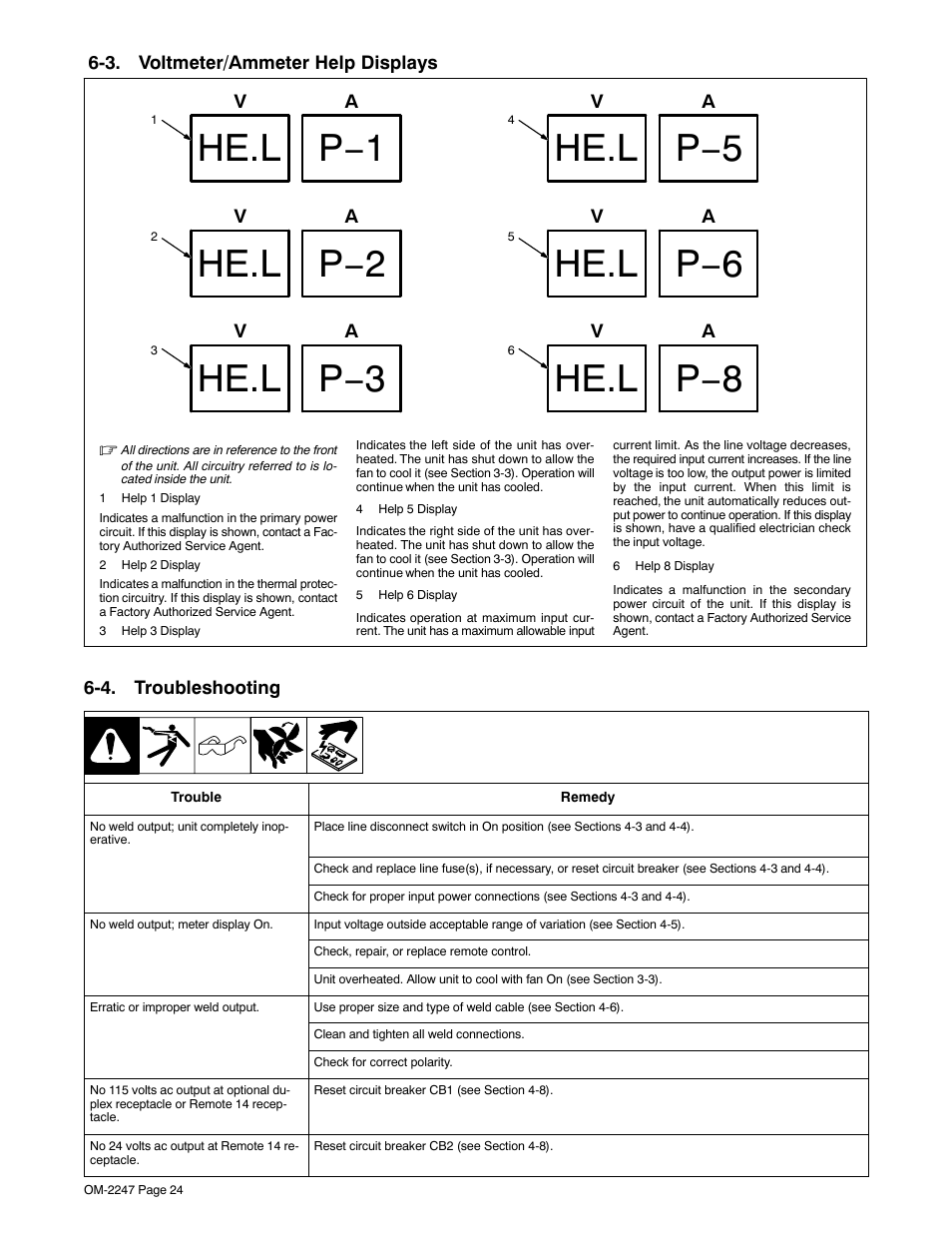 3. voltmeter/ammeter help displays, 4. troubleshooting, He.l p−1 he.l p−2 | He.l p−3, He.l p−5 he.l p−6, He.l p−8 | Miller Electric XMT 350 CC/CV User Manual | Page 28 / 40