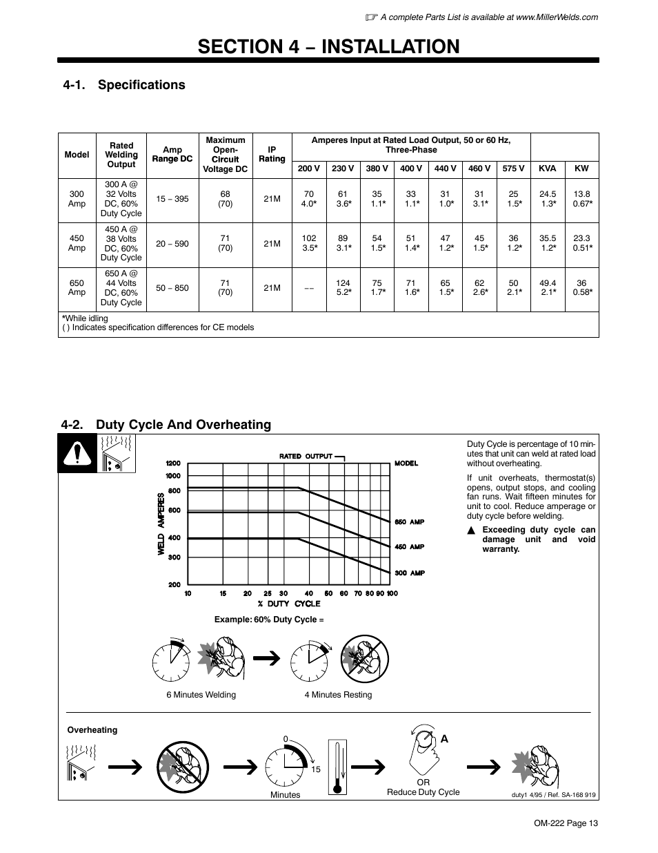 Section 4 − installation, 1. specifications, 2. duty cycle and overheating | Miller Electric 852 User Manual | Page 17 / 36