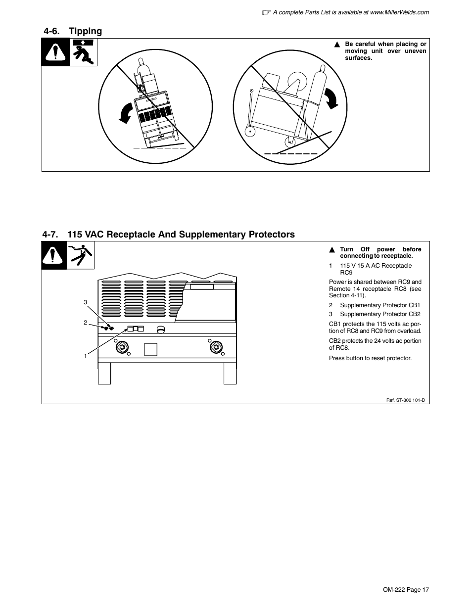 6. tipping, 7. 115 vac receptacle and supplementary protectors | Miller Electric 852 User Manual | Page 21 / 36