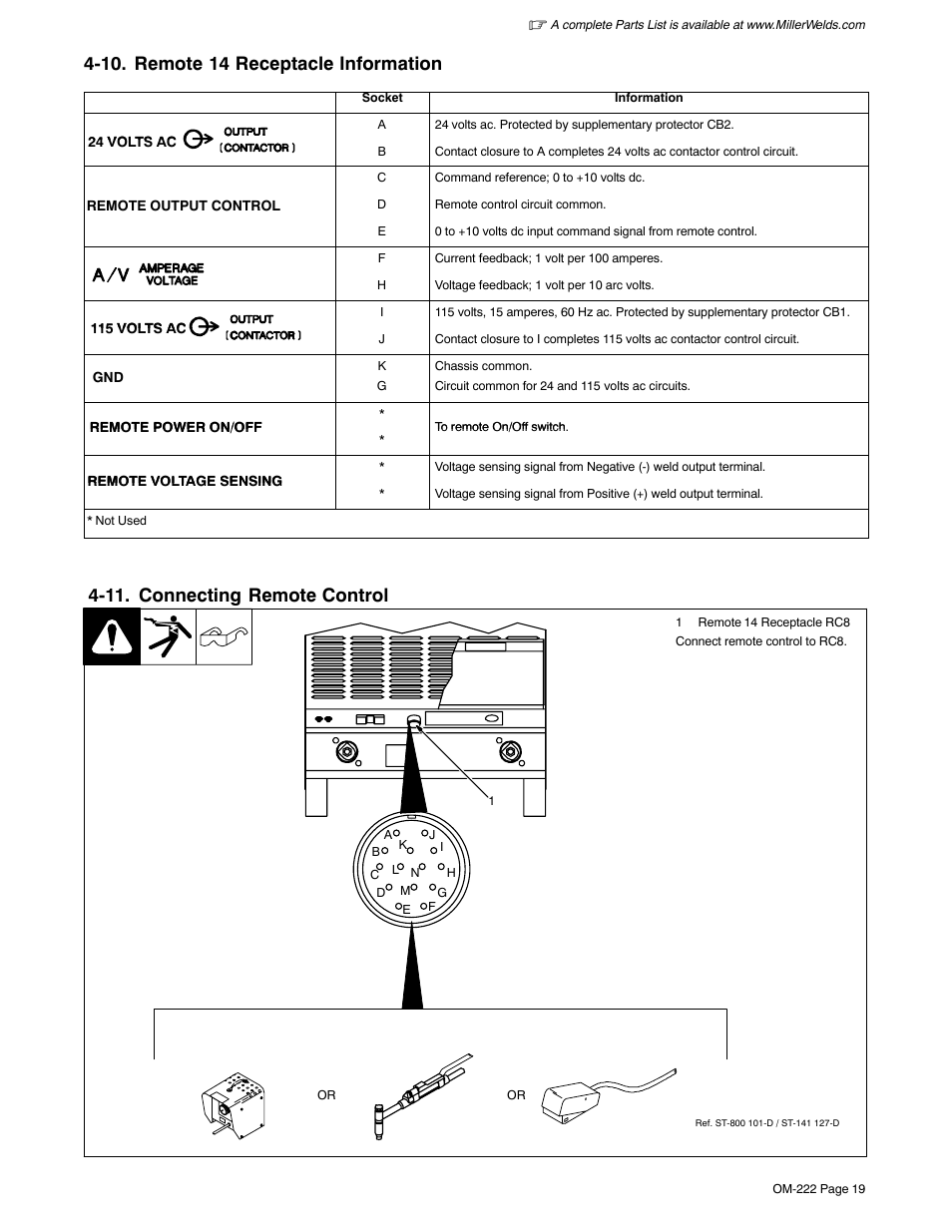 10. remote 14 receptacle information, 11. connecting remote control | Miller Electric 852 User Manual | Page 23 / 36