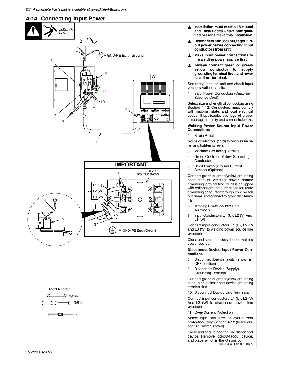 14. connecting input power, Important | Miller Electric 852 User Manual | Page 26 / 36