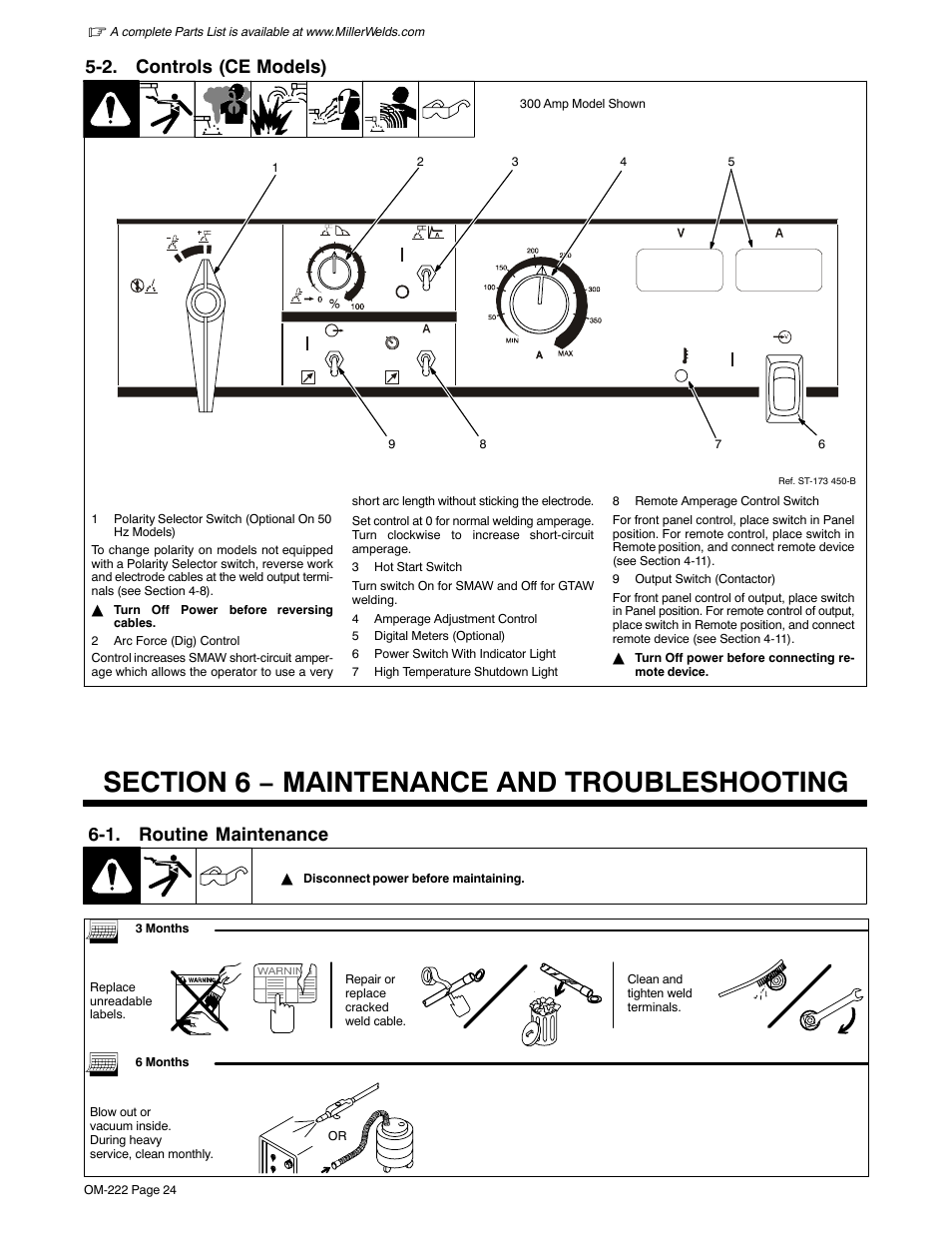 2. controls (ce models), Section 6 − maintenance and troubleshooting, 1. routine maintenance | Miller Electric 852 User Manual | Page 28 / 36