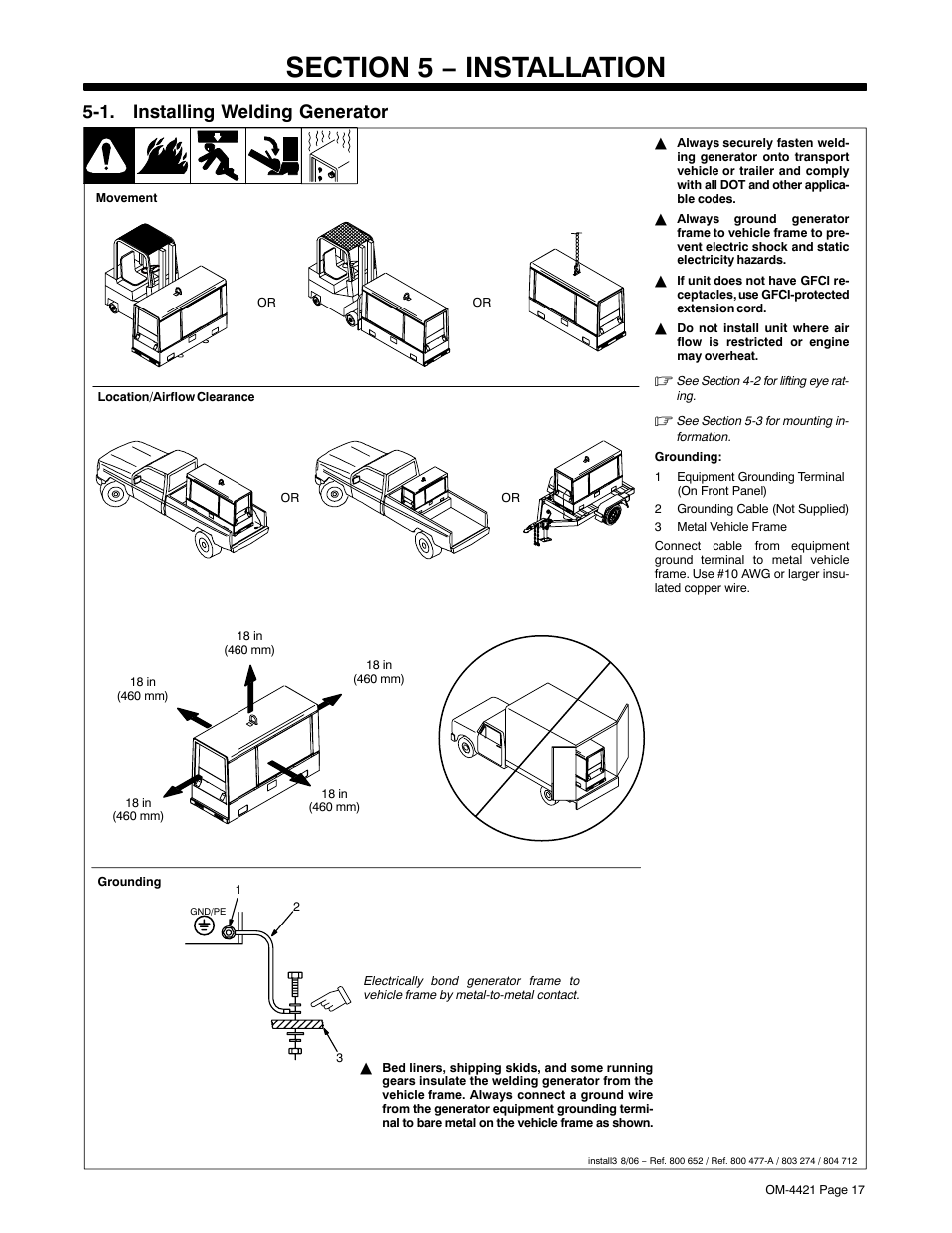 Section 5 − installation, 1. installing welding generator | Miller Electric Big Blue 500 X User Manual | Page 23 / 92