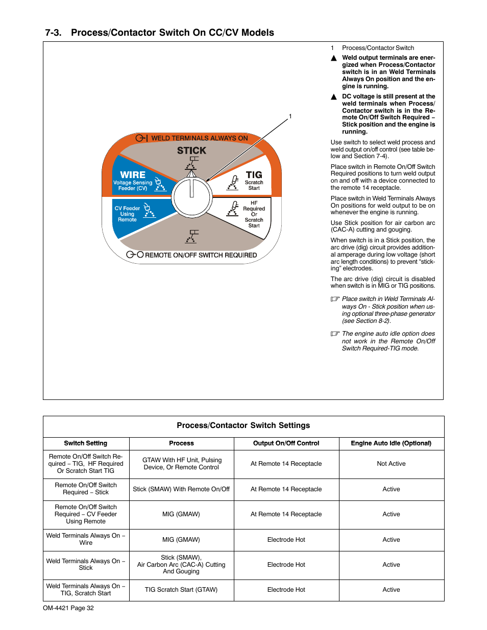 3. process/contactor switch on cc/cv models, Section 7-3 | Miller Electric Big Blue 500 X User Manual | Page 38 / 92