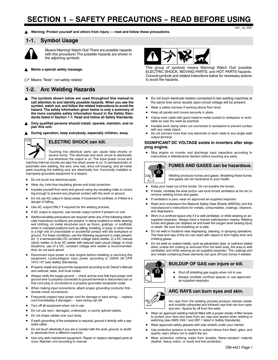 Section 1 − safety precautions − read before using, 1. symbol usage, 2. arc welding hazards | Electric shock can kill, Fumes and gases can be hazardous, Buildup of gas can injure or kill, Arc rays can burn eyes and skin | Miller Electric Big Blue 500 X User Manual | Page 7 / 92