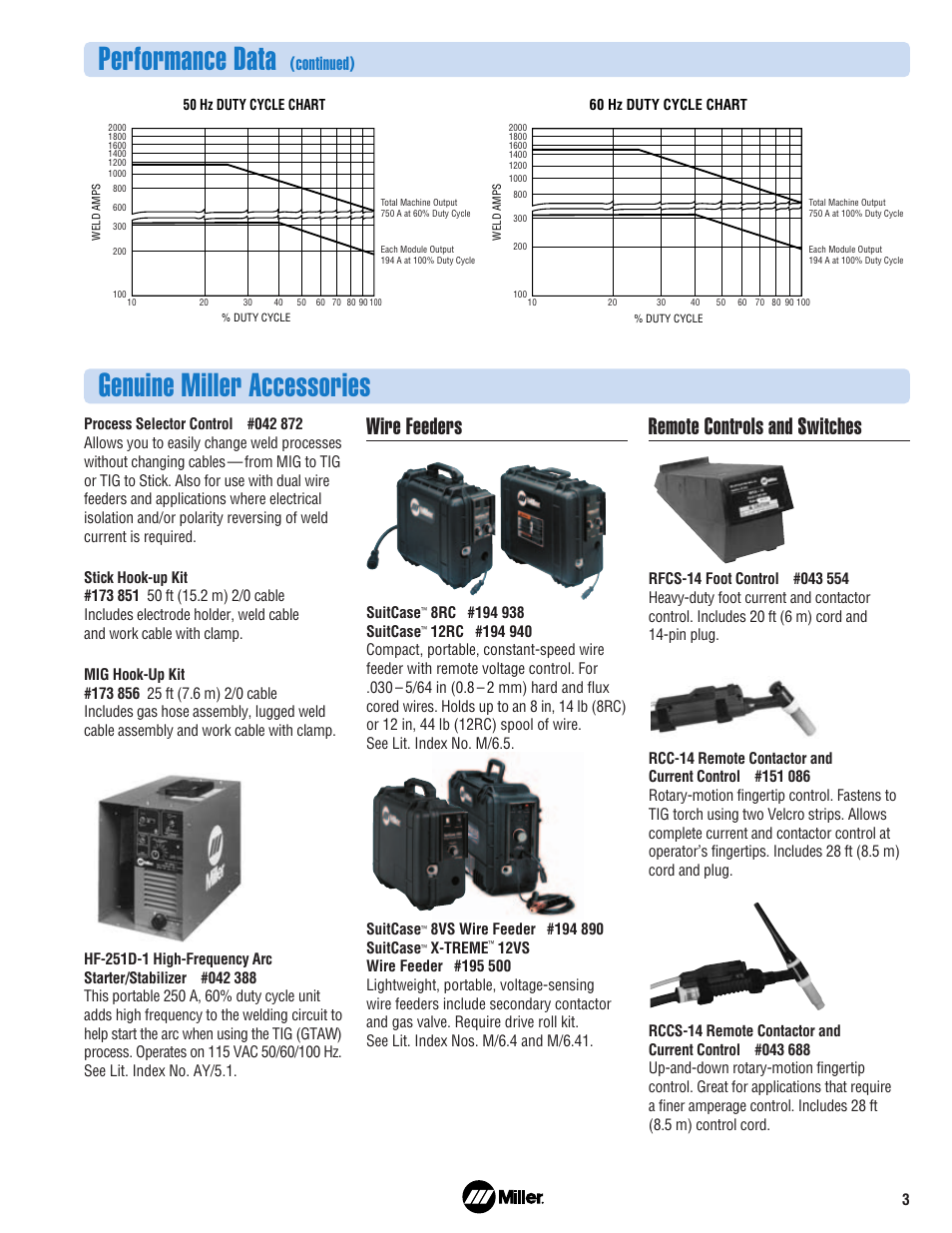 Genuine miller accessories performance data, Wire feeders, Remote controls and switches | Continued) | Miller Electric MARKVI User Manual | Page 3 / 4