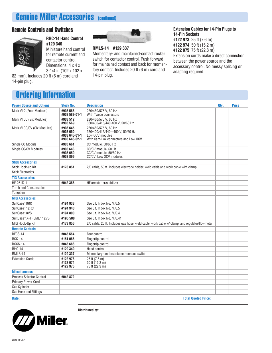 Ordering information, Genuine miller accessories, Remote controls and switches | Continued) | Miller Electric MARKVI User Manual | Page 4 / 4