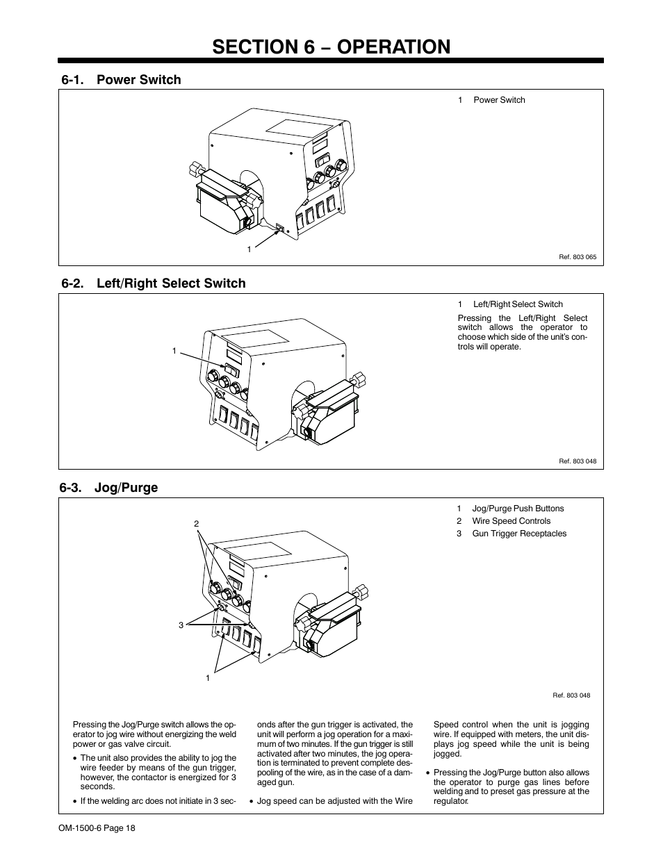 Section 6 − operation, 1. power switch, 2. left/right select switch | 3. jog/purge | Miller Electric D-74D User Manual | Page 22 / 40