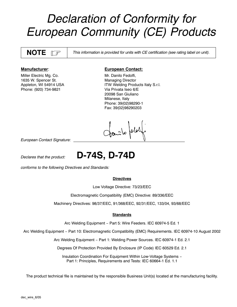 D-74s, d-74d | Miller Electric D-74D User Manual | Page 4 / 40