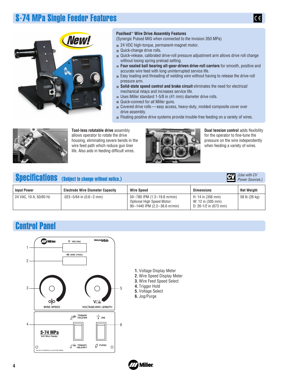 S-74 mpa single feeder features, Specifications, Control panel | Subject to change without notice.) | Miller Electric 350MPa User Manual | Page 4 / 8