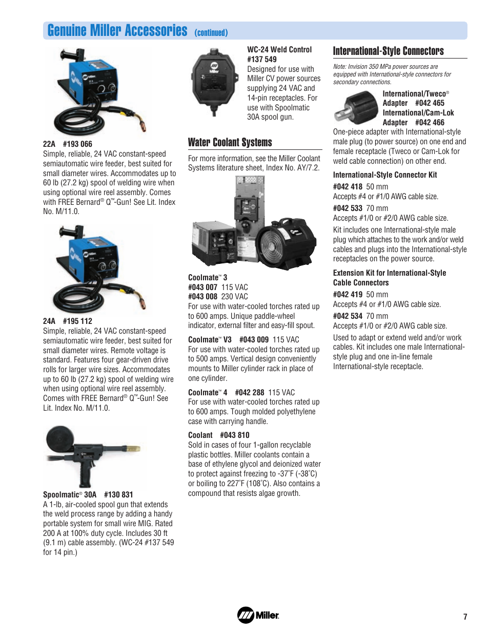 Genuine miller accessories, Water coolant systems, International-style connectors | Continued) | Miller Electric 350MPa User Manual | Page 7 / 8