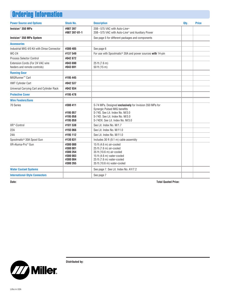 Ordering information | Miller Electric 350MPa User Manual | Page 8 / 8