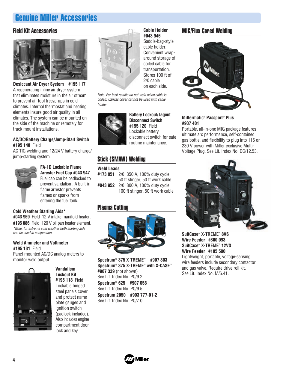 Genuine miller accessories, Field kit accessories, Stick (smaw) welding | Plasma cutting, Mig/flux cored welding | Miller Electric AC Generator/Air Compressor User Manual | Page 4 / 8