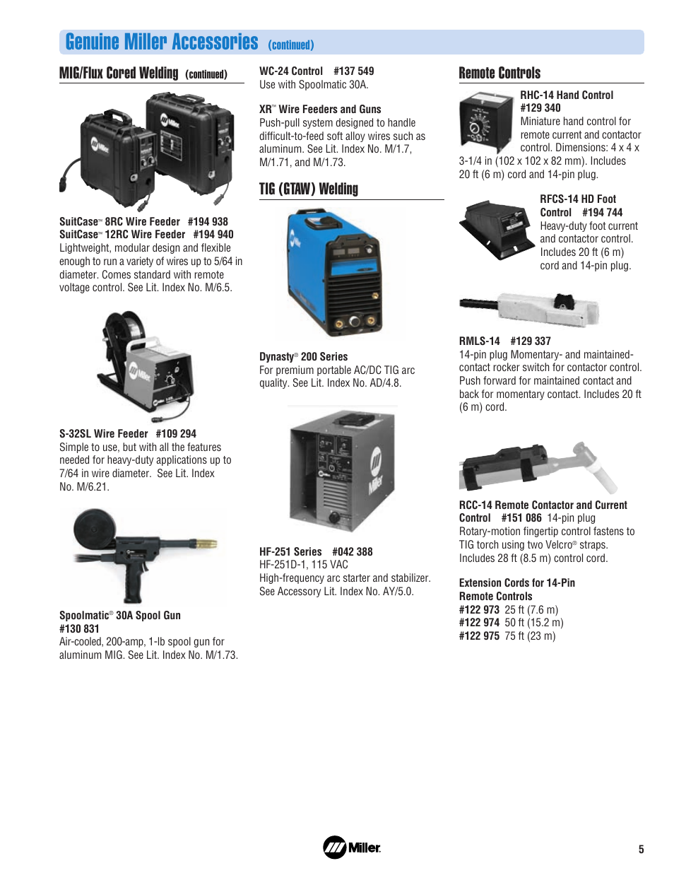 Genuine miller accessories, Mig/flux cored welding, Tig (gtaw) welding | Remote controls | Miller Electric AC Generator/Air Compressor User Manual | Page 5 / 8