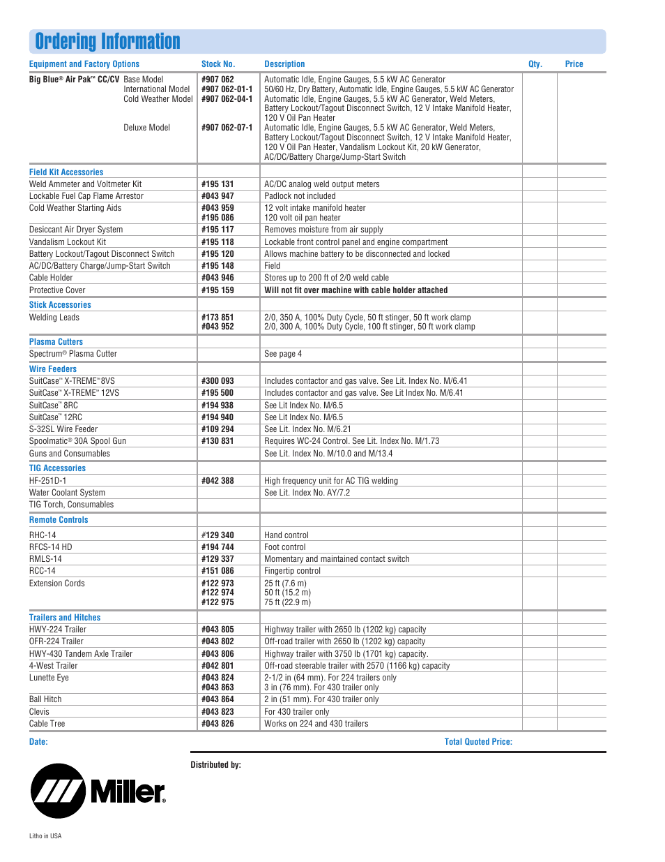 Ordering information | Miller Electric AC Generator/Air Compressor User Manual | Page 8 / 8