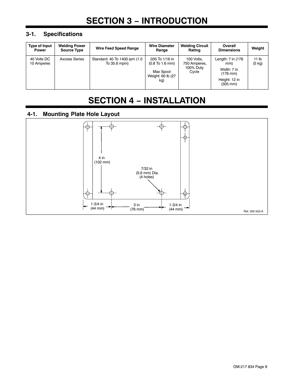 Section 3 − introduction, 1. specifications, Section 4 − installation | 1. mounting plate hole layout | Miller Electric Remote Operator Interface User Manual | Page 13 / 40