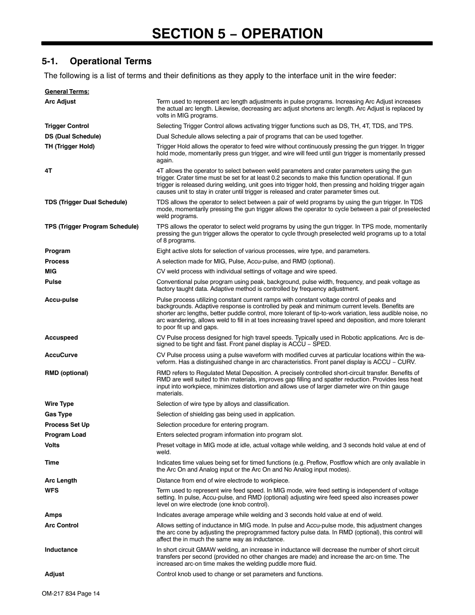 Section 5 − operation, 1. operational terms | Miller Electric Remote Operator Interface User Manual | Page 18 / 40