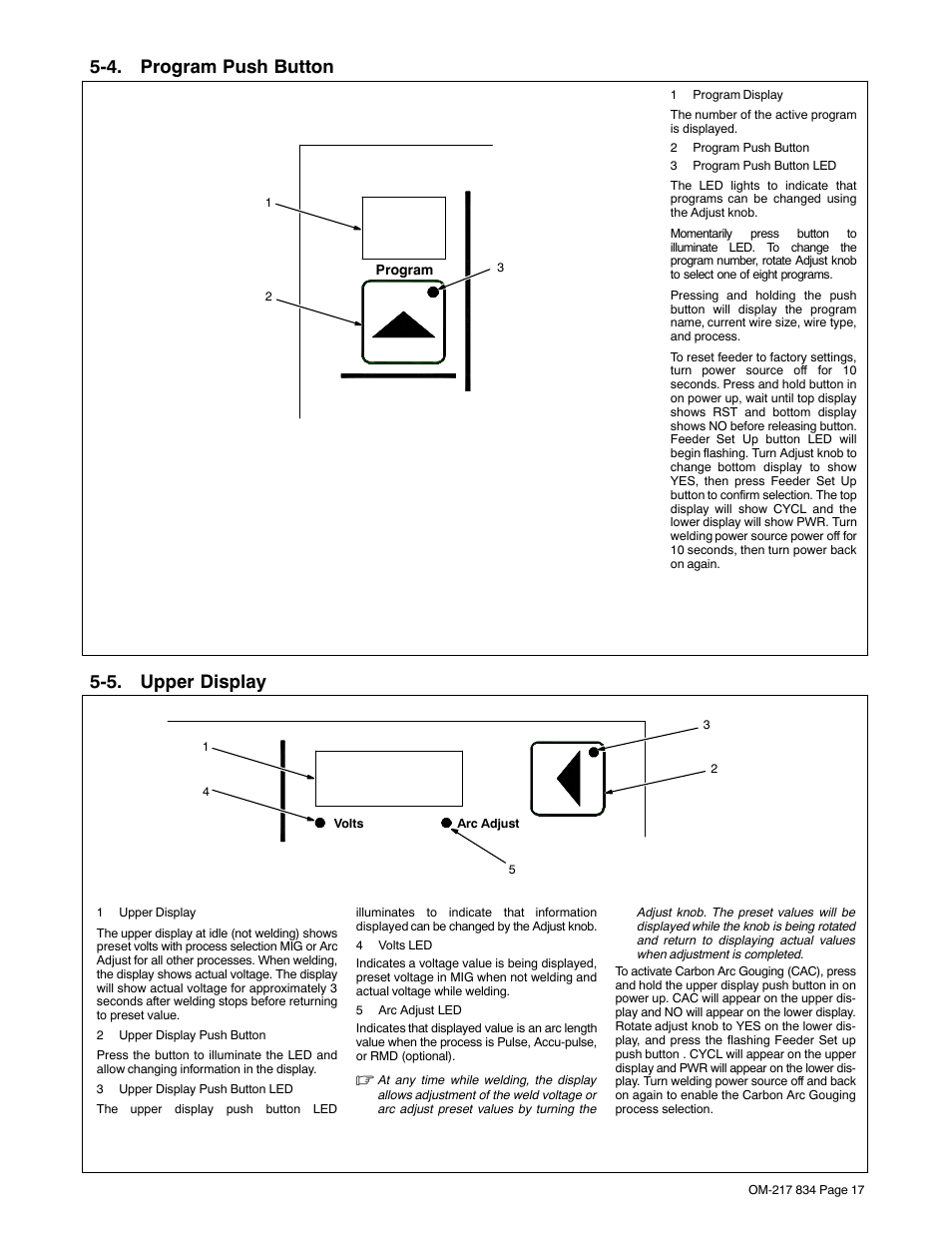 4. program push button, 5. upper display | Miller Electric Remote Operator Interface User Manual | Page 21 / 40