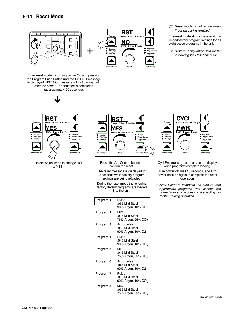 11. reset mode, Rst no, Rst yes | Cycl pwr | Miller Electric Remote Operator Interface User Manual | Page 26 / 40