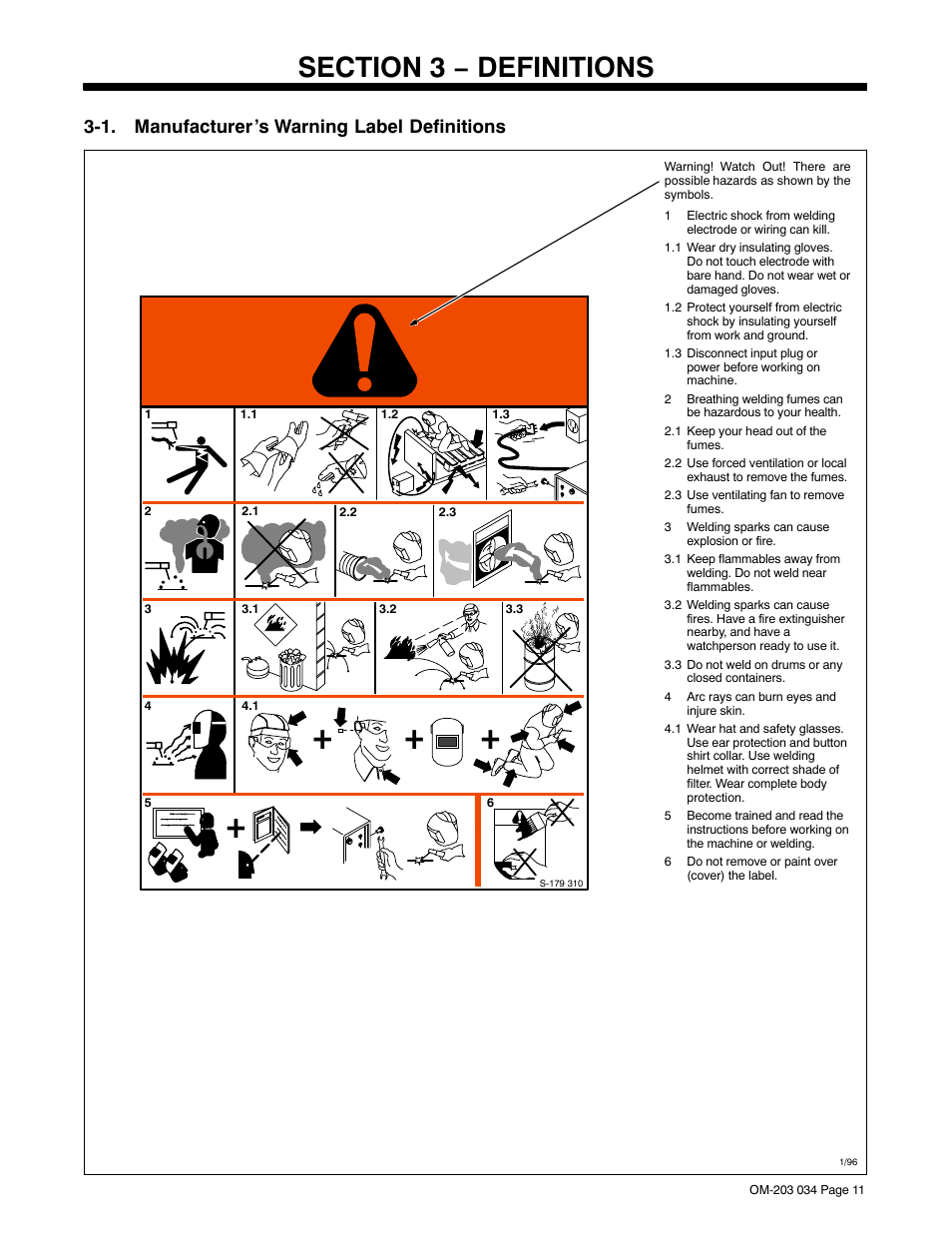 Section 3 − definitions, 1. manufacturer’s warning label definitions | Miller Electric XMT 456 CC User Manual | Page 15 / 44