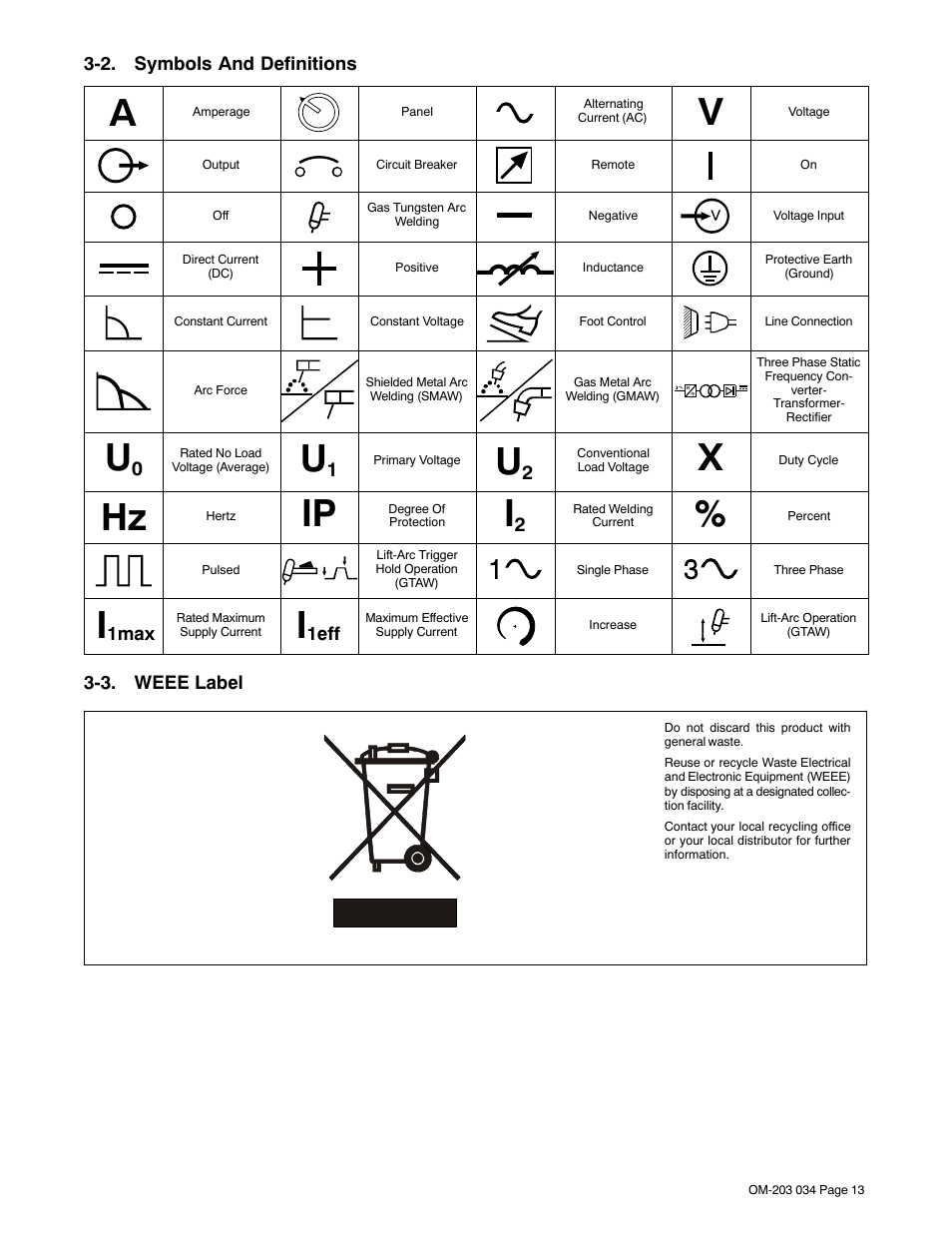 2. symbols and definitions, 3. weee label | Miller Electric XMT 456 CC User Manual | Page 17 / 44