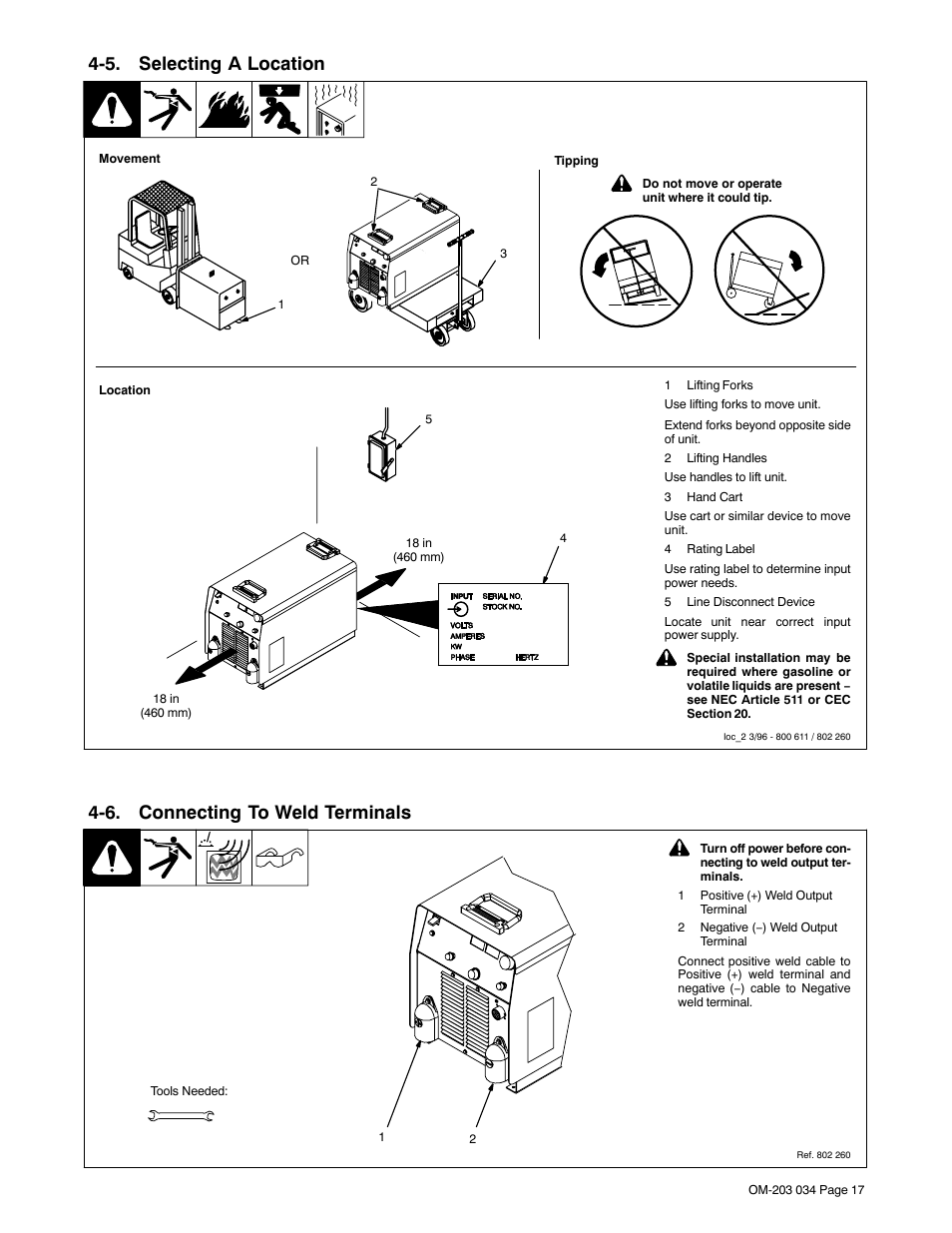 5. selecting a location, 6. connecting to weld terminals | Miller Electric XMT 456 CC User Manual | Page 21 / 44