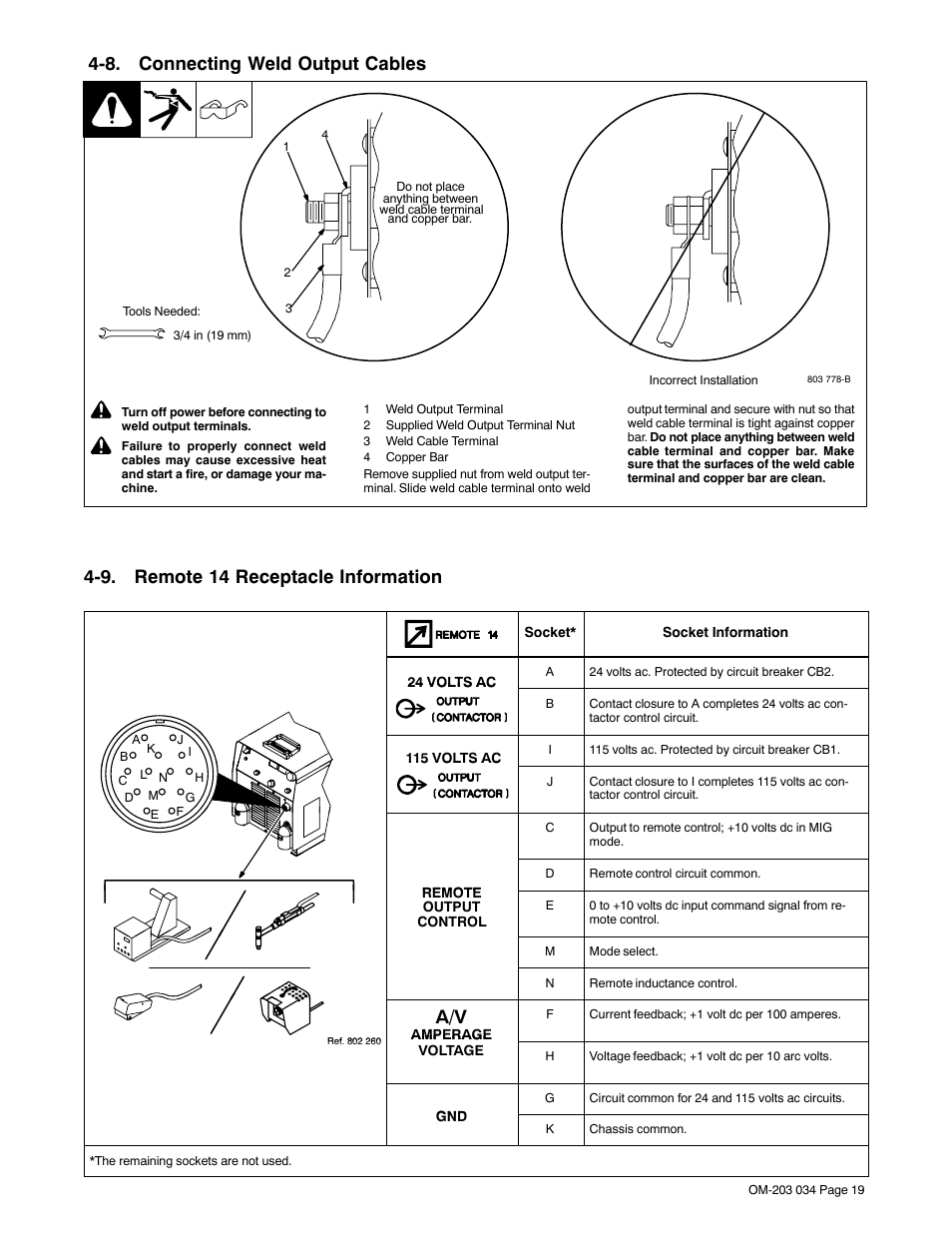 8. connecting weld output cables, 9. remote 14 receptacle information | Miller Electric XMT 456 CC User Manual | Page 23 / 44