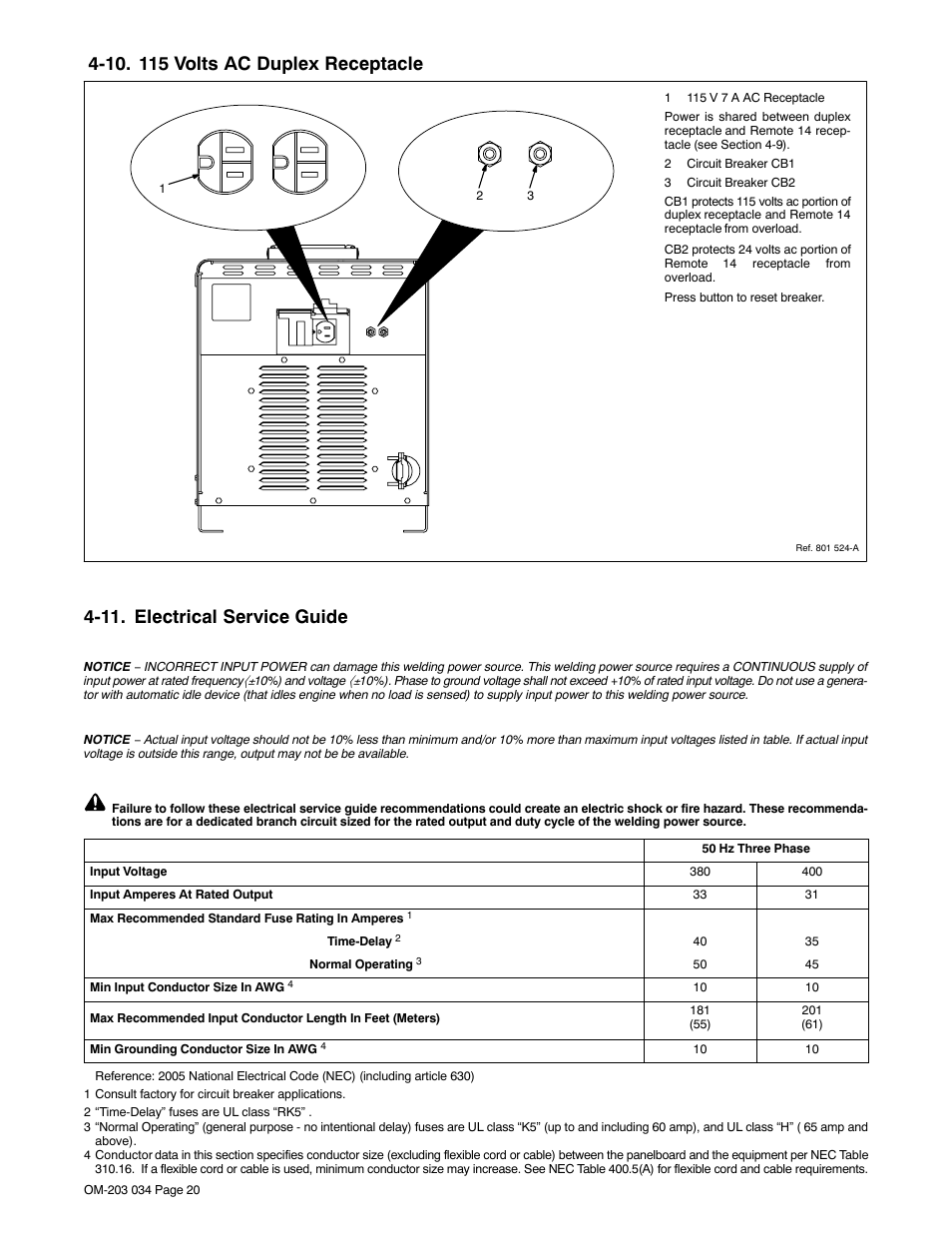 10. 115 volts ac duplex receptacle, 11. electrical service guide | Miller Electric XMT 456 CC User Manual | Page 24 / 44