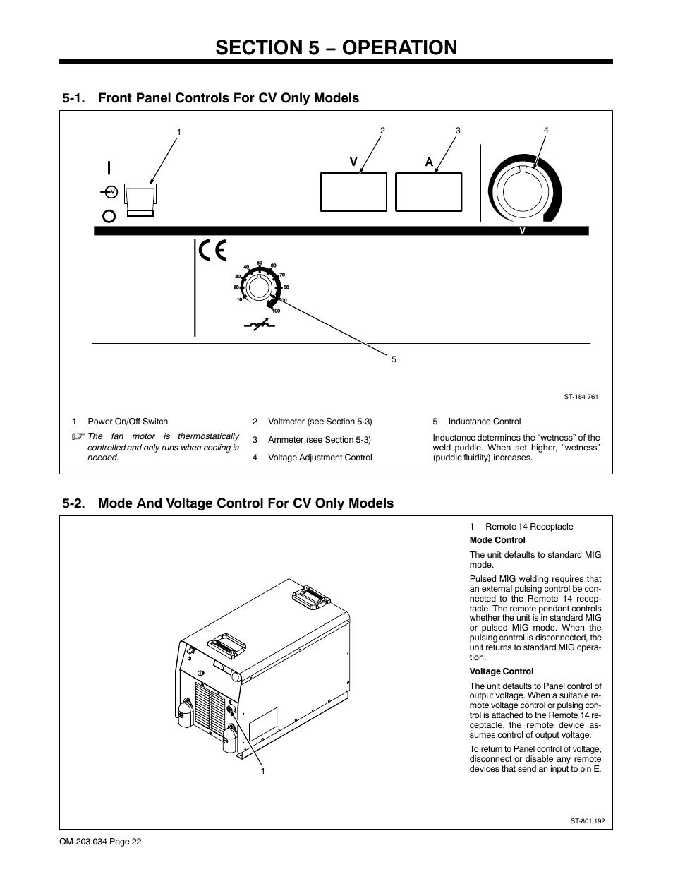 Section 5 − operation, 1. front panel controls for cv only models, 2. mode and voltage control for cv only models | Miller Electric XMT 456 CC User Manual | Page 26 / 44