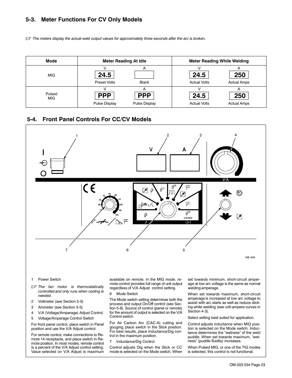 3. meter functions for cv only models, 4. front panel controls for cc/cv models | Miller Electric XMT 456 CC User Manual | Page 27 / 44