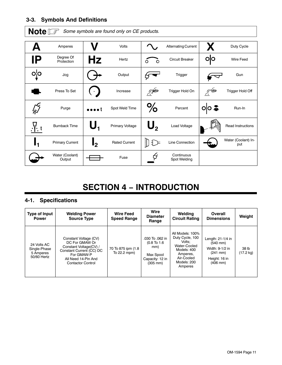 3. symbols and definitions, Section 4 − introduction, 1. specifications | Miller Electric XR Control User Manual | Page 17 / 72