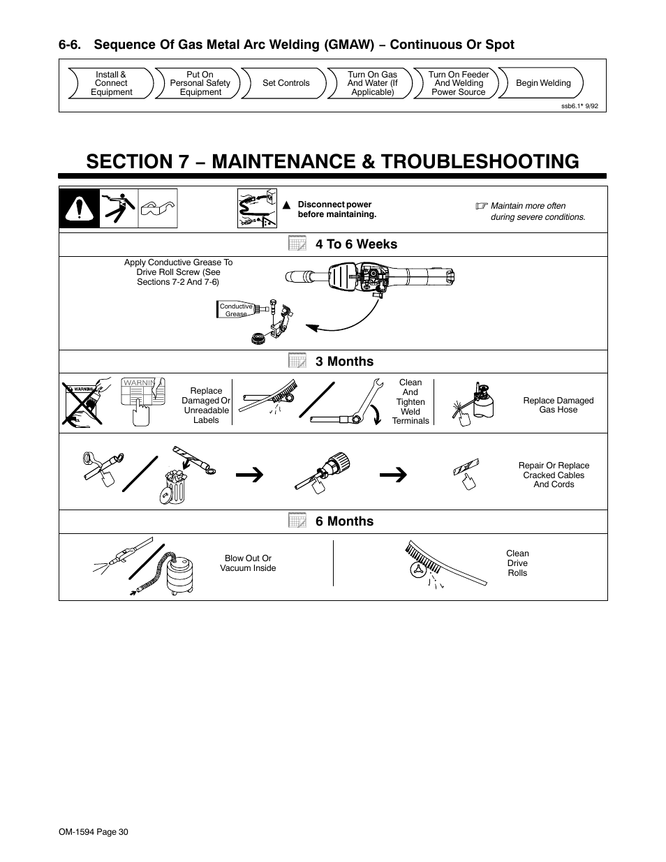Section 7 − maintenance & troubleshooting, 4 to 6 weeks, 3 months | 6 months | Miller Electric XR Control User Manual | Page 36 / 72