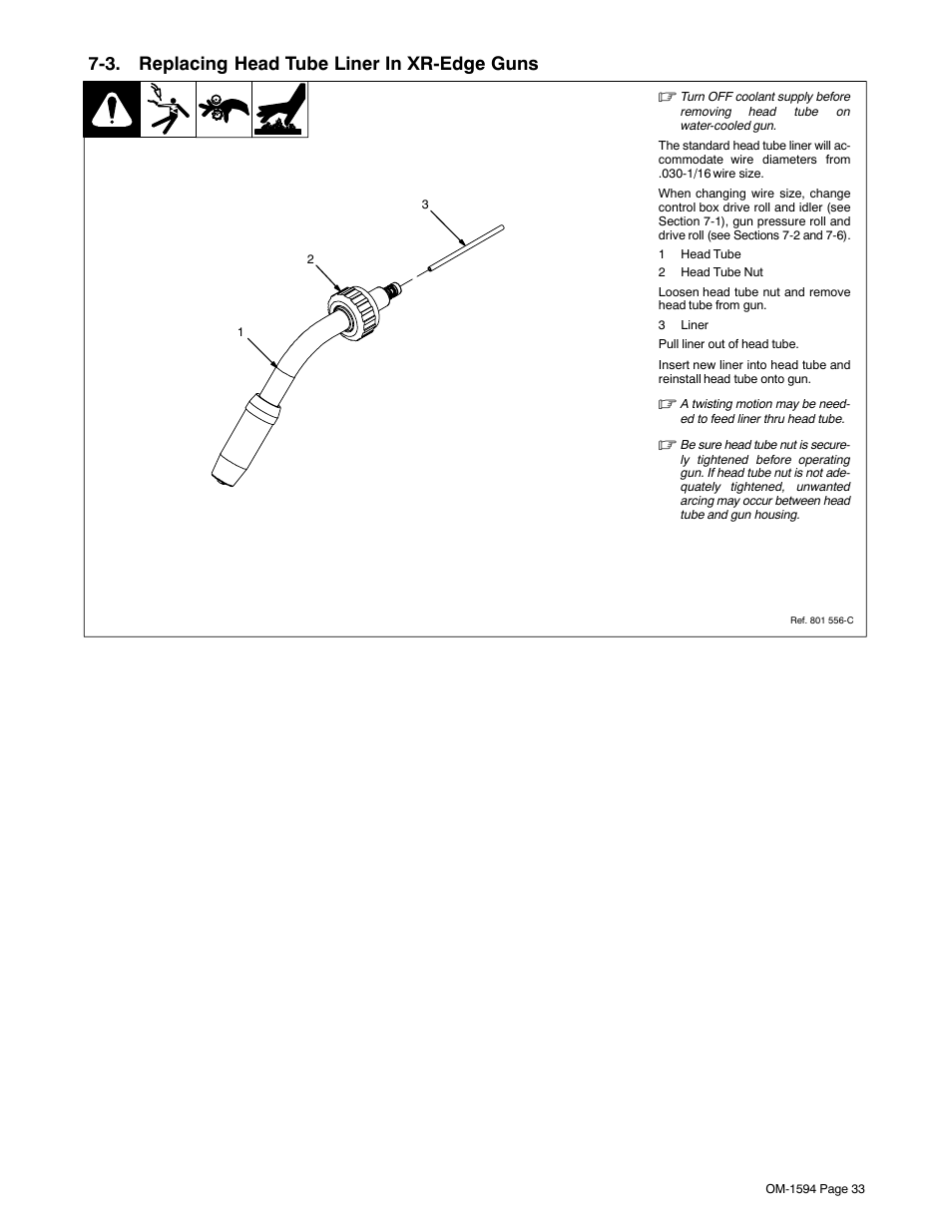 3. replacing head tube liner in xr-edge guns, 3 for xr-edge guns; see section, 3 and 7 | Miller Electric XR Control User Manual | Page 39 / 72