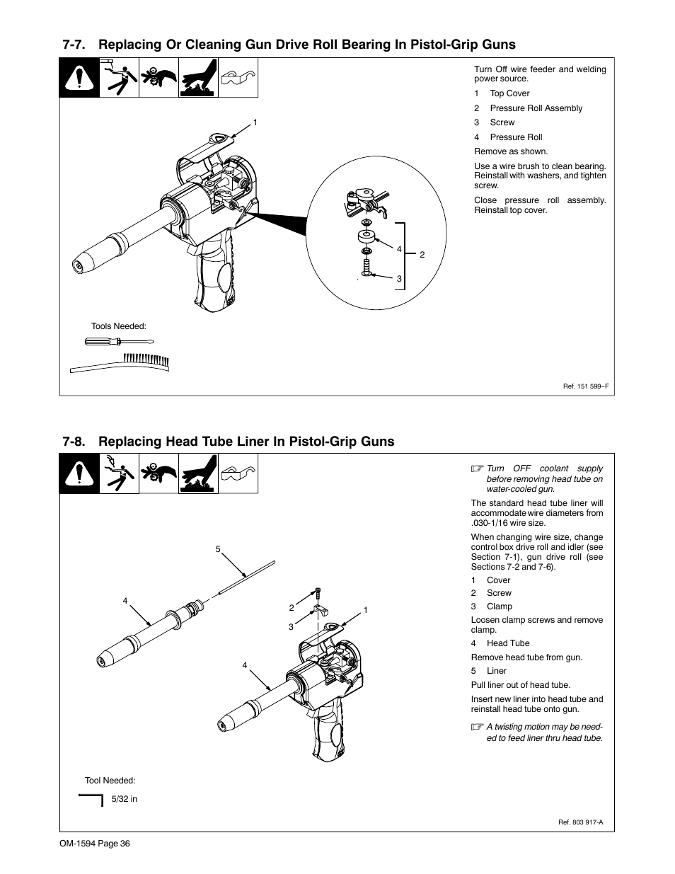 8. replacing head tube liner in pistol-grip guns, And 7-7, 8 for pistol-grip guns) | Miller Electric XR Control User Manual | Page 42 / 72