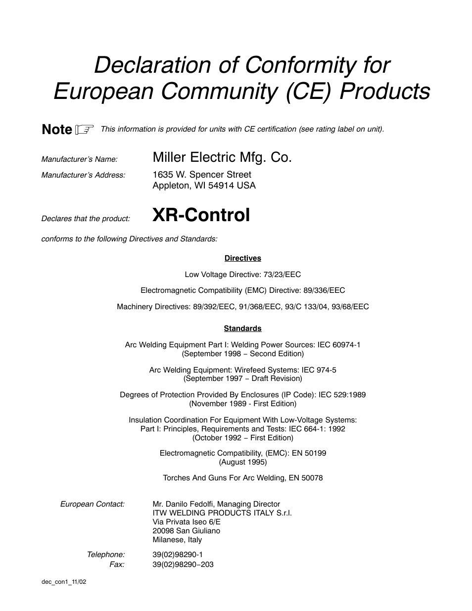 Xr-control, Miller electric mfg. co | Miller Electric XR Control User Manual | Page 5 / 72