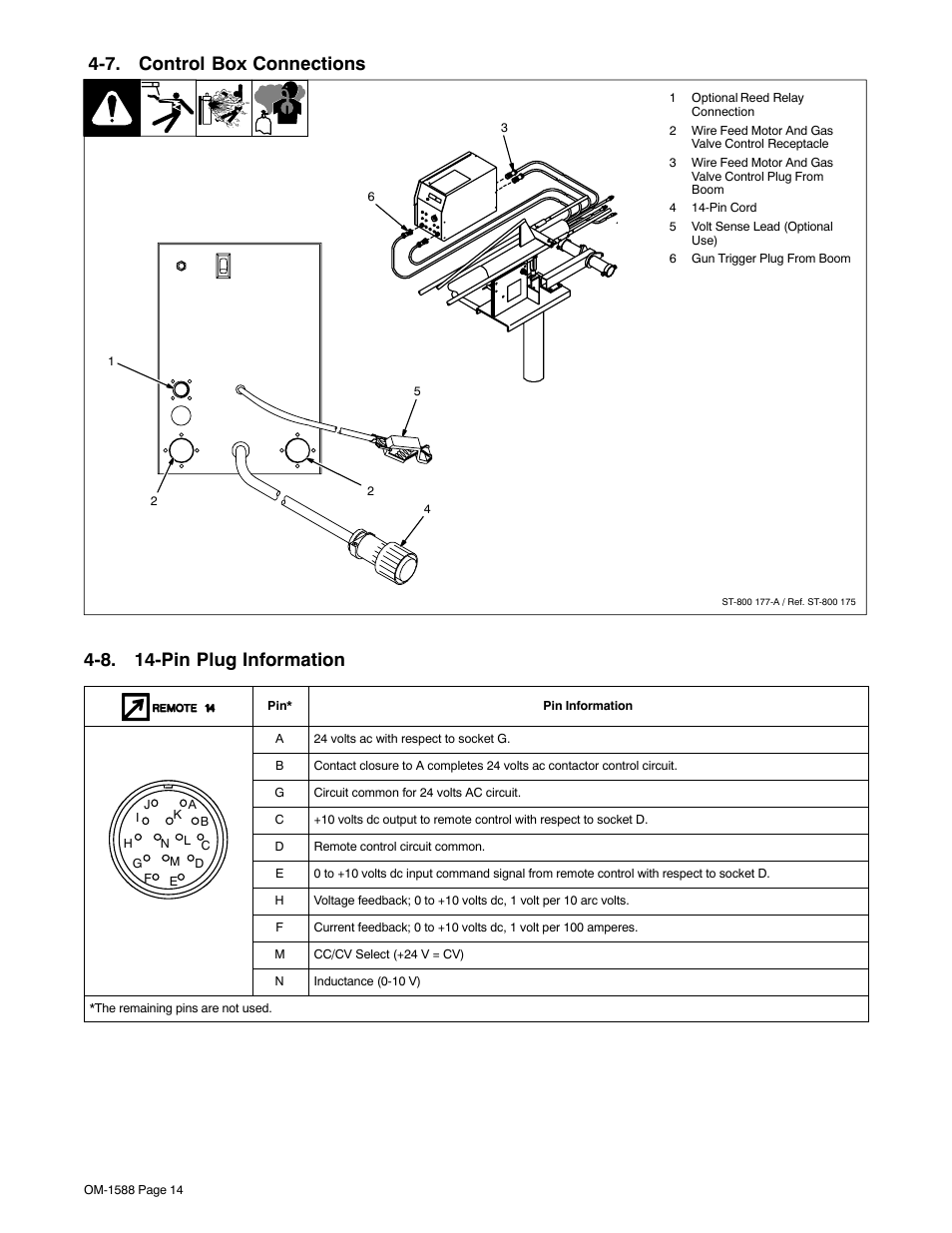 7. control box connections, 8. 14-pin plug information | Miller Electric DS-64M Swingarc User Manual | Page 18 / 60